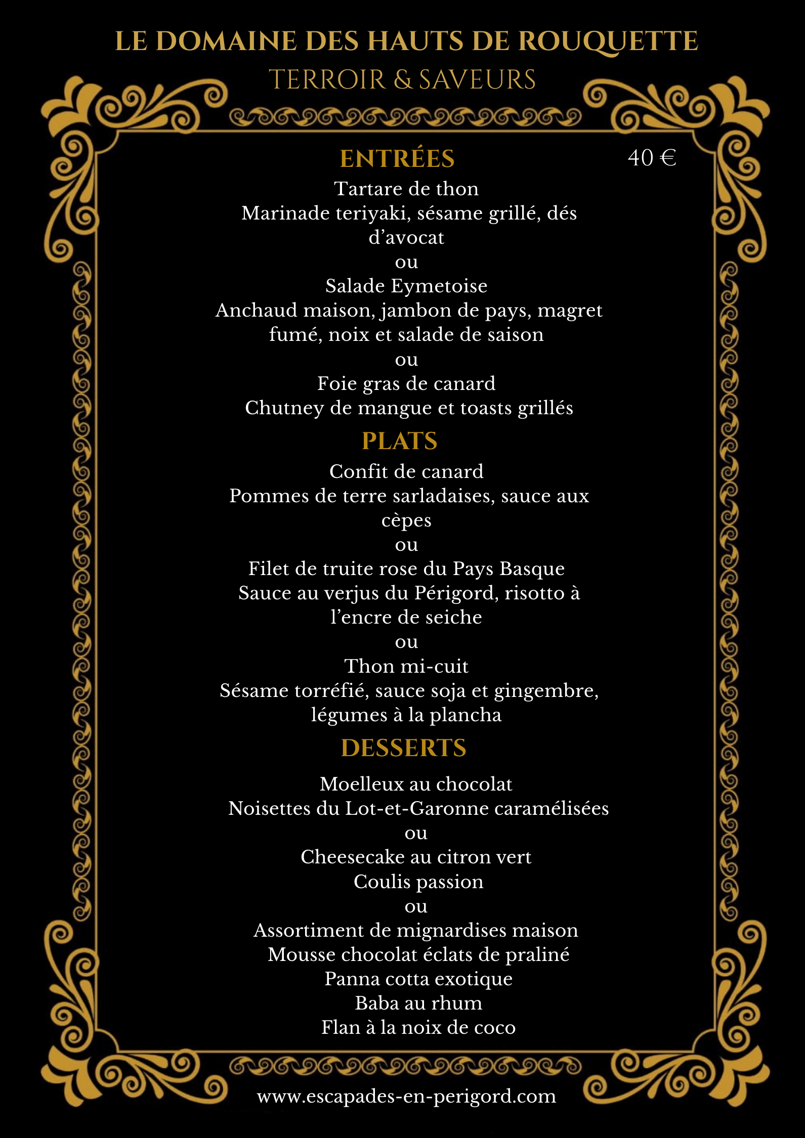 Menu du Domaine des Hauts de Rouquette (40€). Entrées, Plats (Confit de canard, Thon mi-cuit, Truite), Desserts. Cadre élégant doré.