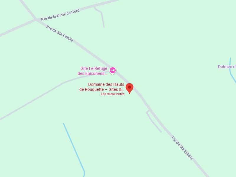 Carte montrant les routes Ste Eulalie et Croix de Bord, avec Gite Le Refuge des Epicuriens et Domaine des Hauts de Rouquette (gîtes, les mieux notés).