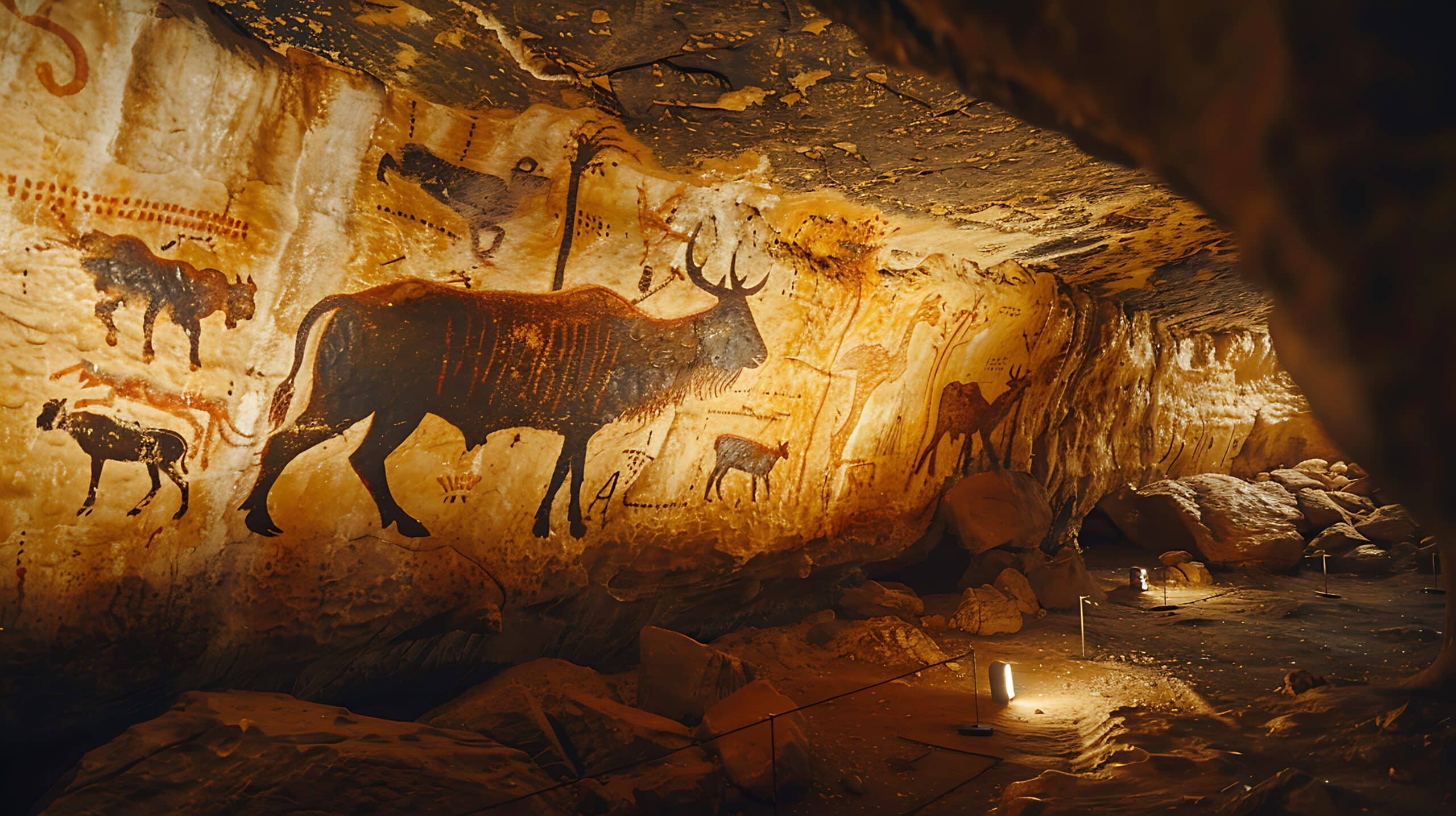 Peintures rupestres préhistoriques polychromes de bovins et d'antilopes illuminées dans une grotte chaude et rocheuse.